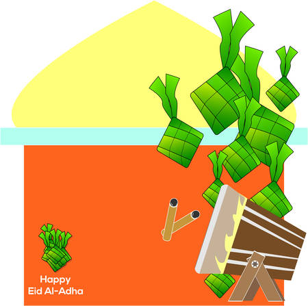 Muslim holiday Eid al-Adha. graphic design decoration rice cake, mosque, and drum craft. vector illustrationのイラスト素材