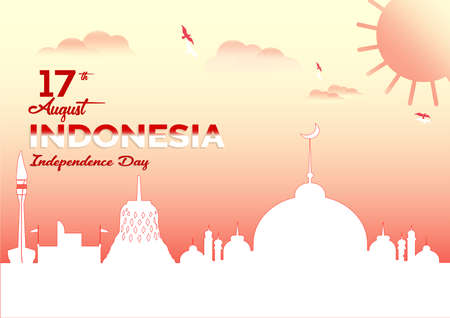 Vector Landscape background color design, Illustration of Indonesia Independence day Icons and landmarks.のイラスト素材