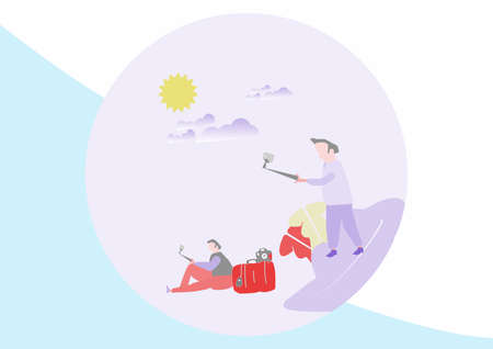 Happy young people use mobile smartphone and camera for selfie in social media, people selfie for social media.のイラスト素材