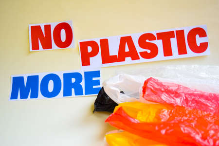 No more plastic message. It shows a plastic with motto and selective focus no more plastic text.の写真素材