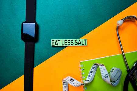 Eat Less Salt text on top view color table and Healthcare/medical concept.の写真素材