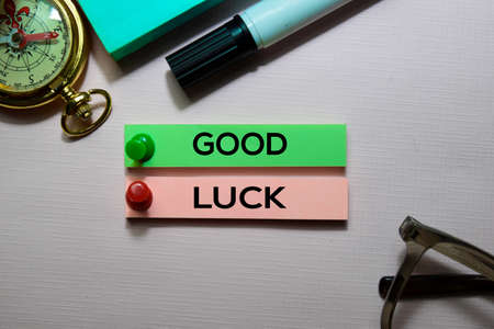 Good Luck text on sticky notes isolated on office deskの写真素材
