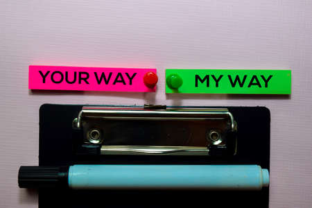 Your Way - My Way text on sticky notes isolated on office deskの写真素材