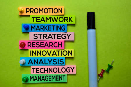 Promotion, Teamwork, Marketing, Strategy, Research, Innovation, Analysis, Technology, Management...