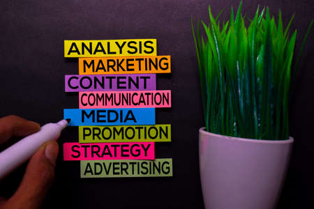 Analysis, Marketing, Content, Communication, Media, Promotion, Strategy, Advertising text on sticky...