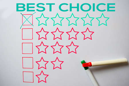Best Choice Give Rating Five Stars text isolated on white board background.の写真素材