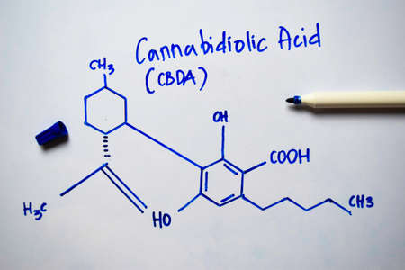 Cannabidiolic Acid (CBDA) molecule written on the white board. Structural chemical formula....