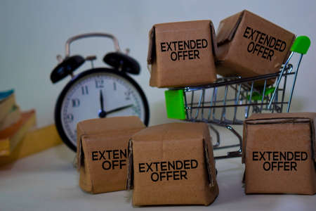 Extended Offer Text in small boxes and shopping cart. Concepts about online shopping. Isolated on...