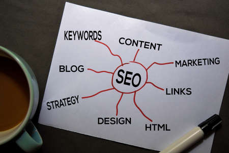 SEO text with keywords on the paper isolated on office desk background