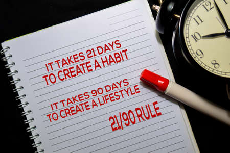 Habit and Lifestyle 21/90 Rule with quote text on the book isolated on office desk background