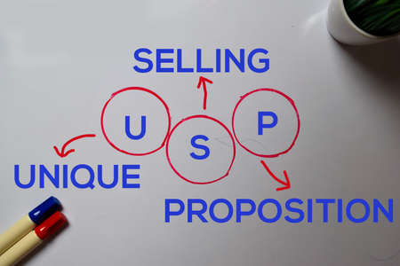 USP -Unique Selling Proposition text with keywords isolated on white board background.