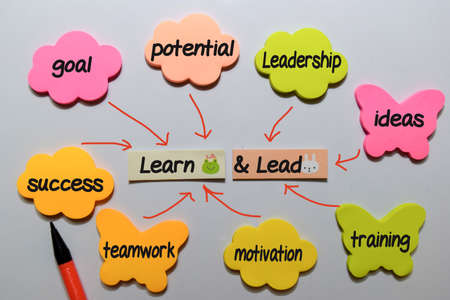 Learn and Lead write on sticky note with keywords isolated on white board background. Chart or...