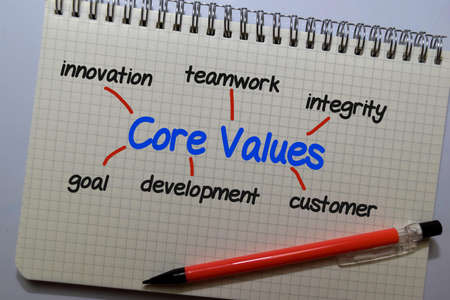 Core Values write on a book with keywords isolated on white board background. Chart or mechanism concept.の写真素材