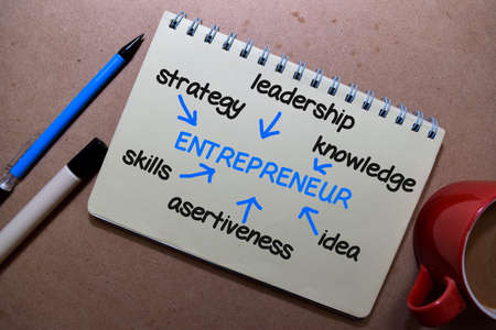 Entrepreneur write on a book with keywords isolated on wooden background. Chart or mechanism concept.の写真素材
