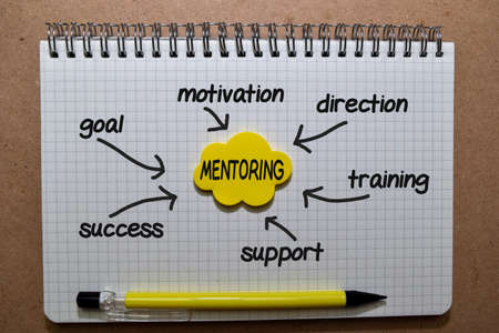 Mentoring on sticky note with keywords isolated on wooden background. Chart or mechanism concept.