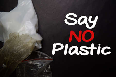 Say No To Plastic Bags - No More Plastic Concept isolated black backgroundの写真素材