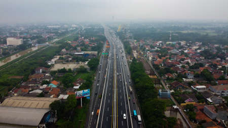 BEKASI, WESTJAVA, INDONESIA : JANUARY 10 202 : Aerial drone view of highway multilevel junction road...