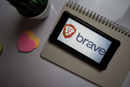 BEKASI, INDONESIA. FEBRUARY 26, 2020 : Brave Browser: Fast AdBlocker dev application on Smartphone screen. Brave Browser: Fast AdBlocker is a freeware web browser developed by Brave Softwareのeditorial素材