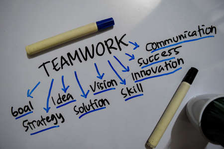 Teamwork text with keywords isolated on white board background. Chart or mechanism concept.の写真素材