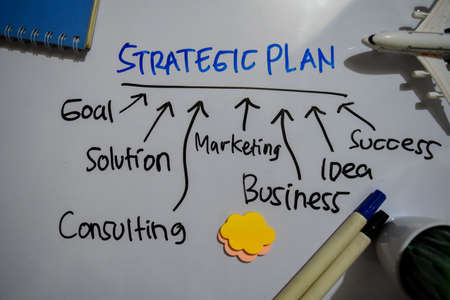 Strategic Plan text with keywords isolated on white board background. Chart or mechanism concept.