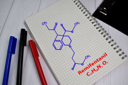 Remifentanil molecule write on the book. Structural chemical formula. Education conceptの写真素材