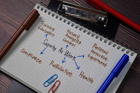 Safety at Work write on a book with keywords isolated on wooden table.の写真素材