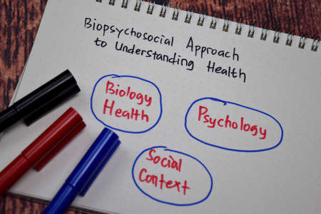 Biopsychosocial Approach to Understanding Health Method text with keywords isolated on white book...