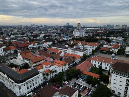 Aerial view of Jakarta cityscape background at Kota Tua, Batavia old cityJAKARTA, INDONESIA - DECEMBER, 30, 2020のeditorial素材