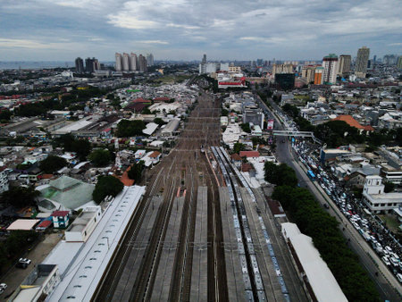 Aerial view of Jakarta cityscape background at Kota Tua, Batavia old cityJAKARTA, INDONESIA - DECEMBER, 30, 2020のeditorial素材