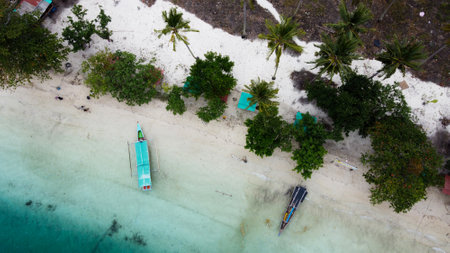 Aerial view of top down picture of colorful wooden boats. Boats at the pier. Lampung, Indonesia Jan...