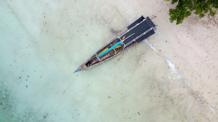 Aerial view of top down picture of colorful wooden boats. Boats at the pier. Lampung, Indonesia Jan...