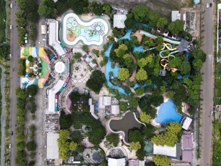 Aerial view of Transera Waterpark Harapan Indah swimming pool at Bekasi, Indonesia. Bekasi, Indonesia February 2, 2021のeditorial素材