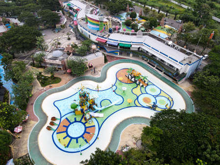 Aerial view of Transera Waterpark Harapan Indah swimming pool at Bekasi, Indonesia. Bekasi, Indonesia February 2, 2021のeditorial素材