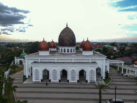 Nurul Mustofa Center Mosque panorama view Largest Mosque in Depok. Ramadan and Eid Concept and noise cloud when sunset or sunrise view. Depok, Indonesia. March, 25, 2021のeditorial素材