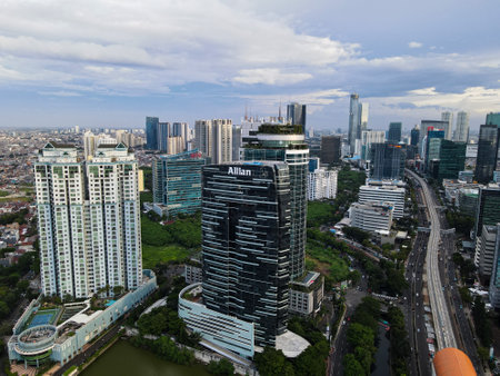 aerial view of Sunset in the skyscrapers of Jakarta. Jakarta, Indonesia, April 4, 2021