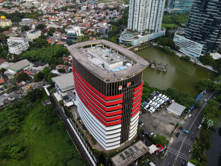 aerial view of Sunset in the skyscrapers of Jakarta. Jakarta, Indonesia, April 4, 2021のeditorial素材