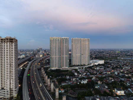 Al-azhar Center Mosque panorama view Largest Mosque in Bekasi. Ramadan and Eid Concept and noise cloud when sunset or sunrise view. Bekasi, Indonesia, April 8, 2021のeditorial素材