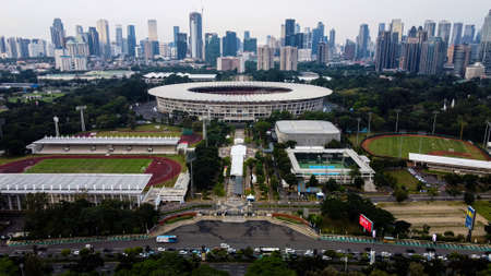 Aerial drone view of the Indonesia Parliament Complex, which is also known as the DPR/MPR building...