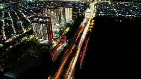 Jakarta, Indonesia, May 5, 2021 : Aerial view of Beautiful sunset view to night Jakartaのeditorial素材