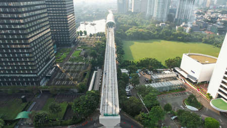 Aerial view of Architecture details Modern Building Glass facade Business background. JAKARTA -...