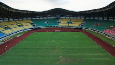 Aerial top down view of the Beautiful scenery of Patriot Stadium. Bekasi, Indonesia, June 1, 2021のeditorial素材