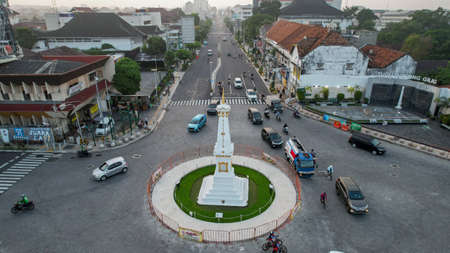 Aerial view of the tugu jogja or known as tugu pal is the iconic landmark of Yogyakarta. Central Java, Indonesia, July 1, 2021のeditorial素材