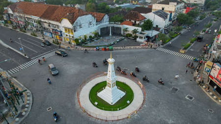 Aerial view of the tugu jogja or known as tugu pal is the iconic landmark of Yogyakarta. Central Java, Indonesia, July 1, 2021のeditorial素材