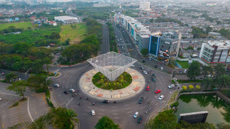 Aerial view of Boat sledding to cross the river. Bekasi, Indonesia, July 9, 2021のeditorial素材