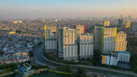 Photo for Aerial view on the new road construction site. Jakarta, Indonesia, July 28, 2021 - Royalty Free Image