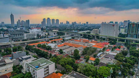 Aerial view of Bus platform at the new constructed railway station Kebayoran baru. The new platform...