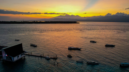 Aerial view of Gili Trawangan Island, Indonesia with morning sunrise sunlight. Lombok, Indonesia,のeditorial素材