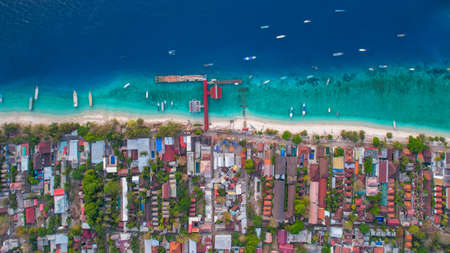 Aerial view of Gili Trawangan Island, Indonesia with morning sunrise sunlight. Lombok, Indonesia,のeditorial素材