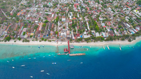 Aerial view of Gili Trawangan Island, Indonesia with morning sunrise sunlight. Lombok, Indonesia,のeditorial素材