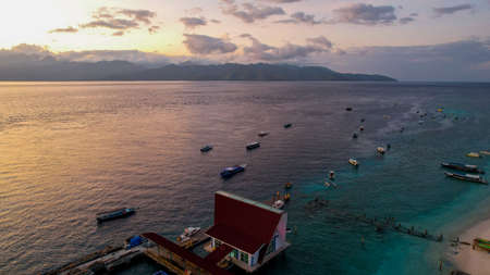Aerial view of Gili Trawangan Island, Indonesia with morning sunrise sunlight. Lombok, Indonesia,のeditorial素材